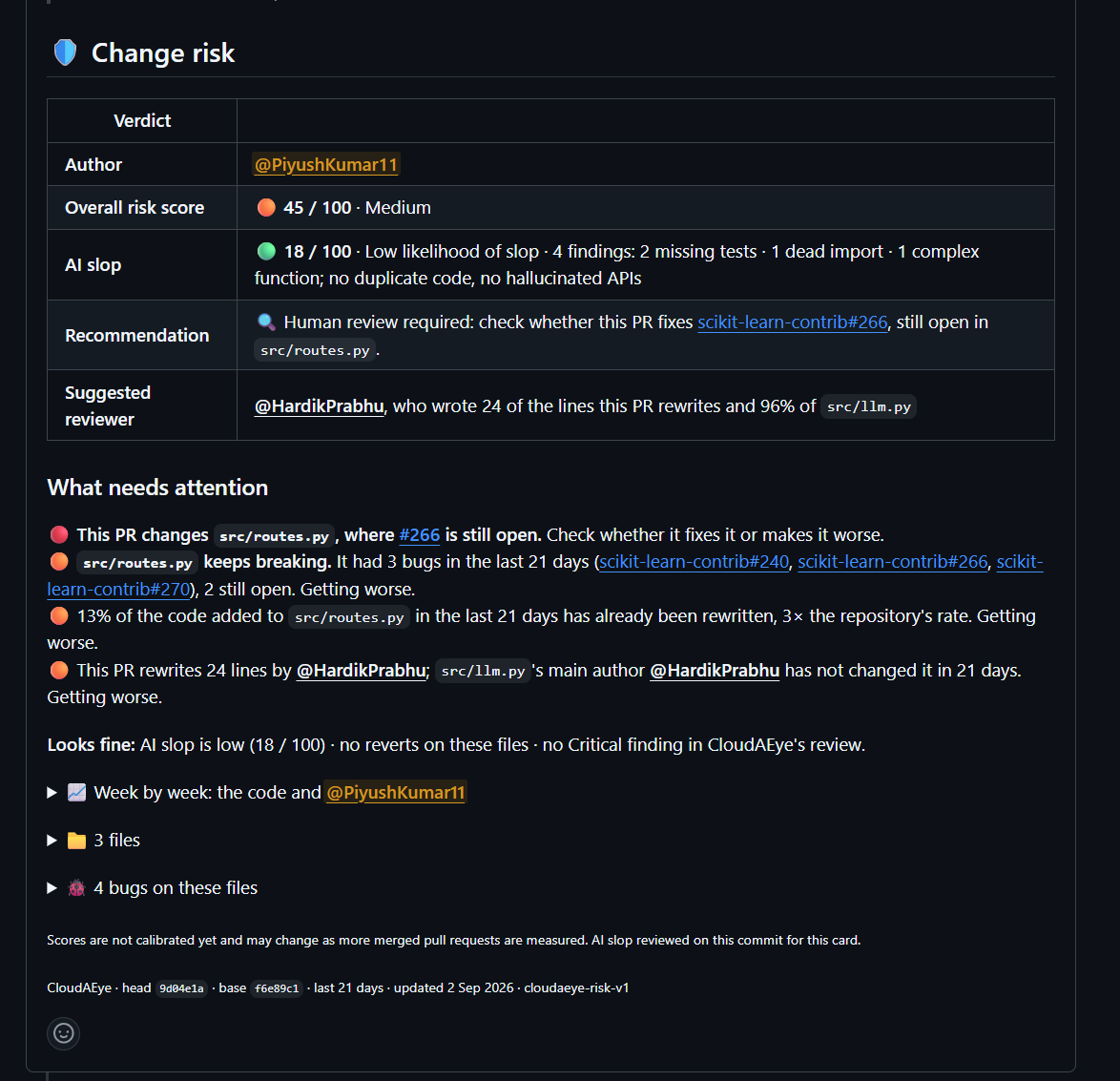 Change Risk Card showing the overall risk score, recommendation, suggested reviewer, and supporting evidence