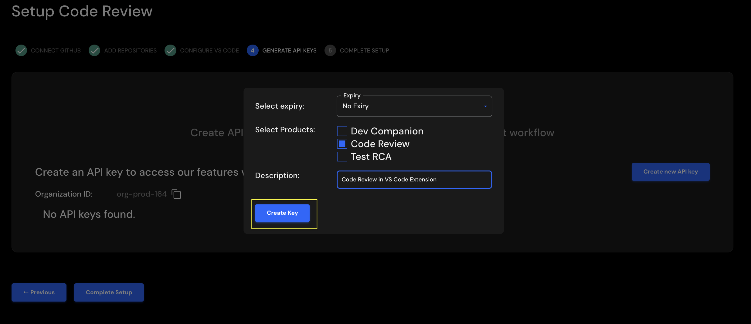 Create API Key Page